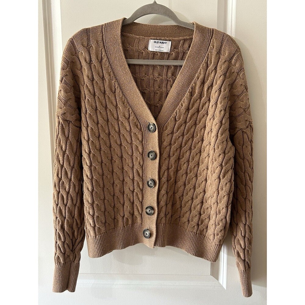 Old Navy Cardigan Women's Size Medium Tan Chunky Cable Knit Cardigan Sweater
